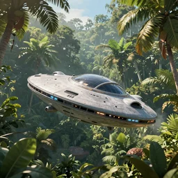big alien space ship flying in the tropical jungle, award winning, trending on artstation, unreal engine