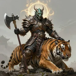 fantasy character portrait, orc king in spiky armor with an aura, wearing a dragon mask, sitting on big tiger, holding an axe, ultra realistic, wide angle, intricate details, highly detailed by peter mohrbacher, hajime sorayama, wayne barlowe, boris vallejo, aaron horkey, gaston bussiere, craig mullins