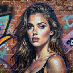 portrait of woman on brick wall graffiti, Denning, Guy