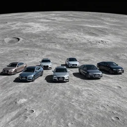 a group of audi cars on the moon, wide angle shot