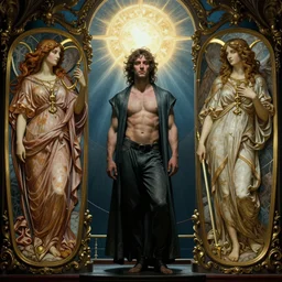 Charon the ferryman of Hades, by Rolf Armstrong and Evelyn De Morgan and Bastien Lecouffe-Deharme, dramatic lighting, high contrast colors, baroque, empyrean, panoramic view, as trending on Artstation, highly detailed, doom engine,
