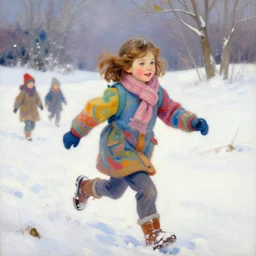 a seven year old girl with short wavy curly light brown hair and blue eyes wearing colorful winter clothes is running in a snowy field. beautiful painting by artgerm and greg rutkowski and alphonse mucha and lois van baarle and ilya kuvshinov