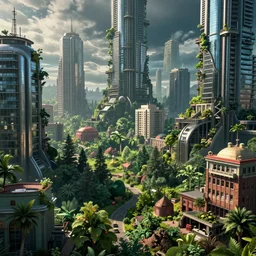 post apocalyptic cyberpunk city in the middle of a forest, urban architecture, forest, americana architecture, by thomas kinkade trending on artstation, photorealistic, wild vegetation!!!!!, utopian, futuristic, blade runner