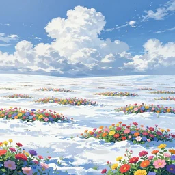landscape, winter, snowy, full of colorful flower, beautiful cloud, quiet, no people, anime background, illustration, sharp focus, intricate, smooth, super wide angle, trending on artstation, trending on deviantart