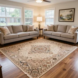 a living room with a great rug that really ties the room together, 4K realtor photo
