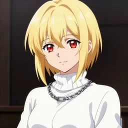 beautiful girl with red eyes, short blonde hair, ahoge hair, wearing a white turtleneck sweater and a detailed chain-link necklace, arcueid, in the style of type-moon studios, extremely clean lines, anime and manga style