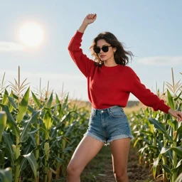A pretty girl wearing denim shorts, red sweater and sunglasses dancing in a corn field with the sun in the sky, photograph, award winning