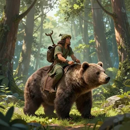a druid riding a grizzly bear, forest, fantasy, digital art, epic
