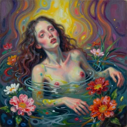 a beautiful creature drowning in flowers, blurred, grotesque, doomed, neural acrylic paint, high resolution, gouache on canvas, ultra detailed, vibrant colors, grotesque, wrapped thermal background, slimey, art by francis bacon, beksinski painting