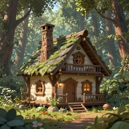elf magical forest cabin with a chimney 8k