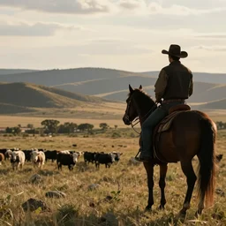 silhouette of a cowboy and horse, watching over cattle in a valley below, as background, in the style of ansel adams, photorealistic, ornately detailed, 4 k