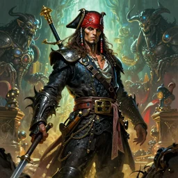 a demonic undead pirate character design, intricate detailed painting movie poster, golden ratio, trending on cgsociety, majestic, epic fantasy, trending on artstation, by Greg Rutkowski and H.R. Giger, highly detailed, vibrant, cinematic quality character render; low angle; ultra high quality model; production quality cinema model