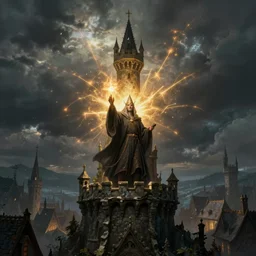 a wizard casting a powerful spell on a gothic village from the top of an high ruined tower. Apocalyptic sky. Strong lights. Realistic.