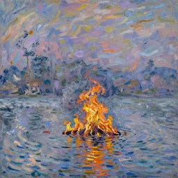 Burning lake in the style of Claude Monet