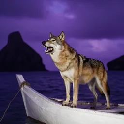 a wolf barking in a caravel bow during night with purple sky in fernando de noronha
