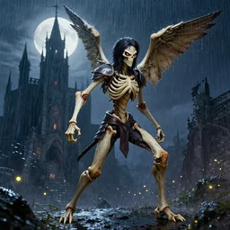 angry anthropomorphic wishbone, wearing rain soaked armour in heavy rain, incredibly fine detailed portrait, battle angel alita, dynamic angle, elegant, full body profile, 2 0 0 mm focal length, highly detailed, dramatic full moon lighting, many fireflies, gothic castle prodominently in the background, movie cover