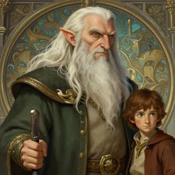 close up of an gendalf travel with bilbo, deep focus, d & d, fantasy, intricate, elegant, highly detailed, digital painting, artstation, concept art, matte, sharp focus, illustration, hearthstone, art by artgerm and greg rutkowski and alphonse mucha
