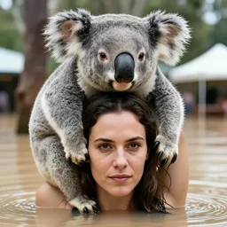 closeup portrait of a woman carrying a koala over her head and shoulders in a flood in Rundle Mall in Adelaide in South Australia, photograph, natural light, sharp, detailed face, magazine, press, photo, Steve McCurry, David Lazar, Canon, Nikon, focus