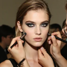 A beautiful portrait of Lily Donaldson as a model at Versace fashion show Spring/Summer 2009, highly detailed, in the style of cinematic, fashionweek backstage,makeup by Pat Mcgrath, Shot by Terry Richardson