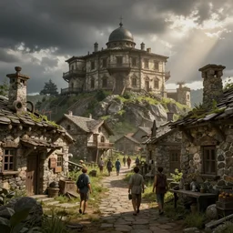 realistic photograph of ancient, mysterious, retro stone building town ， volumetric lighting, god's ray, soviet, detailed characters, summer, dark overcast weather, high detailed, smooth, mark arian, award winning, highly detailed 4 k art by beeple and fvckrender and visualdon, trending on cgsociety