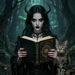 photo of the girl, her cat and her sinnister evil book of necronomicon, symmetrical, cinematic, real dlsr photography, sharp focus, 4 k, ultra hd, sense of awe, occult journal cover