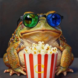 hyper realistic oil painting of a fat toad wearing anaglyph glasses : a green and a blue glass, popcorn pot, vibrant colors, high contrast, by greg rutkowski and denis villeneuve, trending on artstation