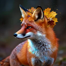 a glowing, dewy druid fox wearing a crown of autumn leaves, side portrait, striking, defiant, spotlight, paint drips, paint splatter, vibrant colors, beautiful eyes, by marco paludet and gianni strino and marion bolognesi