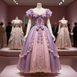the film still photographed image is a haute couture ensemble from the 1 9 3 0 s. the outfit ensemble is inspired by a purple pink princess soft pastel dusty. it is displayed on a mannequin in a museum exhibit. vibrant cinematography, anamorphic lenses, upscale, hyper realistic photo, crisp, detailed image in 8 k resolution.