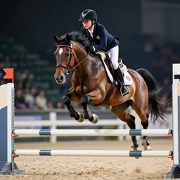 ground level shot of a rider on a hybrid ( my little pony ) horse jumping a hurdle, a horse jumping a over a hurdle, a horse that's ( my little pony ), professional, dramatic lighting, high quality, dof, bokeh, action