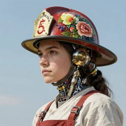 portrait of a butcher with a fireman hat, floral! horizon zero dawn machine, intricate, elegant, highly detailed, ray tracing, digital painting, artstation, concept art, clear sky, extremely detailed, fantasy, smooth, sharp focus, illustration, art by artgerm and greg rutkowski and alphonse mucha, 8 k