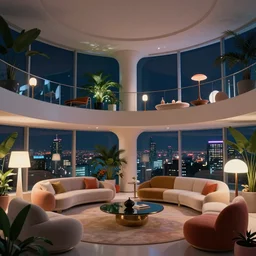 concept art, retro - futurist penthouse, night - time, designer furniture, high ceiling, 6 0 s colour palette, plants, flowers, floor lamps, multi - level, reflections, soft lighting, city view, bladerunner, james jean, syd mead, akihiko yoshida, cinematic