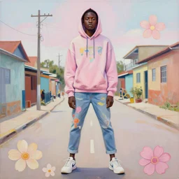 painting by martine johanna of yolandi visser wearing a hoodie standing in a township street in the style of jeremy mann, street clothing, haute couture fashion, full figure painting by tom bagshaw, ashley wood, david choe, decorative flowers, pastel palette, die antwoord