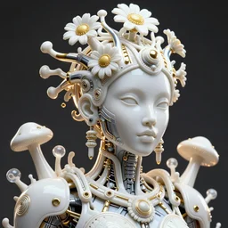 hyper detailed ultra sharp portrait of a beautiful carved smooth porcelain fair cyborg warrior maasai woman, up close shot, sharp focus, global illumination, radiant rim light, biomechanical white silver gold rhizomorphs headdress, daisies, cyberpunk brackets, bubble mushrooms, puffballs, rhizomorphs, white mecha, octane highly render, 4 k