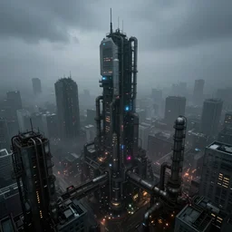 futuristic dystopian cityscape, overcast, foggy, gloomy, depressing, ominous, imposing, industrial, high angle, dramatic illumination, colorful lighting, highly detailed, ultra realistic, 8 k, by simon stalenhag, by nathan walsh