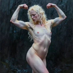 painting of a beautiful pale androgynous blond albino man, dancing in the rain, very very long curly pale blond hair, strong fat chunky build, by Jeremy Mann and Jason Jenicke, 70mm, cinematic, highly detailed, stylized, loose brush strokes, intricate, realistic, exaggerated lighting, dramatic lighting,  sense of scale, sense of movement,  sensual