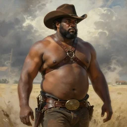 a beautiful dramatic epic painting of a thicc chunky beefy shirtless handsome!!! black man | he is wearing a leather harness and cowboy hat | prairie setting, dust clouds | homoerotic, highly detailed, dramatic lighting | by Mark Maggiori, by William Herbert Dunton, by Charles Marion Russell | trending on artstation