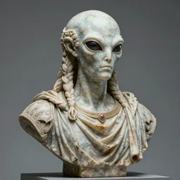a futuristic bust of an alien deity, in the style of ancient rome