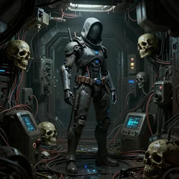 a cybernetic hunter, cyberpunk, in a dingy underground bunker, wires, skulls, machines, by zdzislaw belsinki craig mullins realistic render ominous detailed photo atmospheric, ink drips paint smears digital glitches glitchart