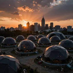 photo of a city campsite at sunset with lots of futuristic organic geodesic shelter pods for the homeless, geodesic structure, dramatic lighting, black and orange colour palette, long shot, archviz