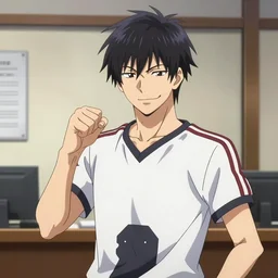 aloof anime man with spiky emo hair wearing jock clothes, standing in headmistress's office, smug grin, smug expression, punchable expression, sharp details, subsurface scattering, intricate details, art by artgerm, anime, anime hd wallpaper, 2 0 1 9 anime screenshot