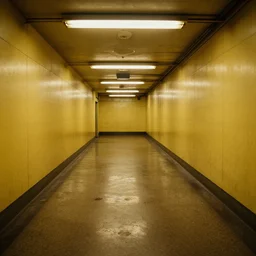 Found footage of a subway station in the backrooms - moist carpet, walls with a monochromatic tone of yellow, and buzzing fluorescent lights