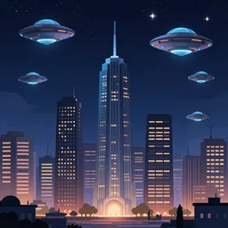 Megapolis skyline under starry sky, with several ufo on the sky, 2D cartoon