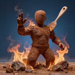 highly detailed photography of a men made of rust clay with fire, rocks, hand gesture, dust particles, dirt, dramatic scene, aesthetic dynamic lighting, masterpiece, by roberto ferri, blue background, high quality, spatula