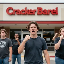 violent protest in front of The cracker barrel, photorealistic