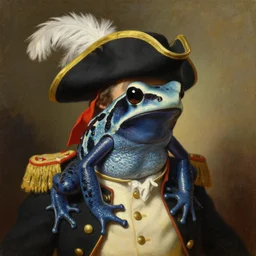 a portrait painting of an amazon milk frog wearing a tricorn with a feather and a military uniform, artstation, classical realism, detailed portrait painting, oil on canvas