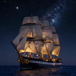 an extremely colorful detailed masterpiece of the sailing vessel constitution frigate starboard bow, under sail at night under the stars and milky way galaxy, in the style of franz sedlacek, epic scene, extremely moody lighting, glowing light and shadow, atmospheric, shadowy, cinematic, 4 k