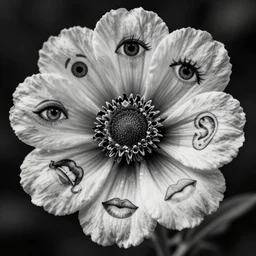 a flower with illustrations of various eyes noses ears and lips drawn on its petals, intricate drawing, black and white screenpress image