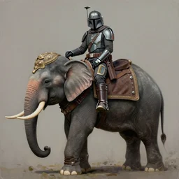 painting of the mandalorian riding an elephant, intricate, high detail, in the style of mandalorian end credit concept art