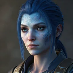 Portrait from the remastered videogame 'Mass Effect: Legendary Edition' (2021). Close intimate Head and shoulders Portrait of Liara T'soni, the blue alien asari. Shallow Depth of field. 4k. Dramatic expression.