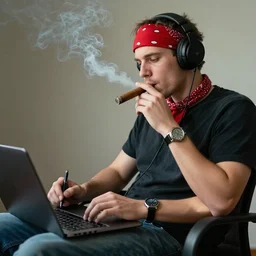 a photo of a young white man smoking a cigar on the mouth writing on the laptop while sitting on a chair, he has headphones, red bandana, wears a watch,
